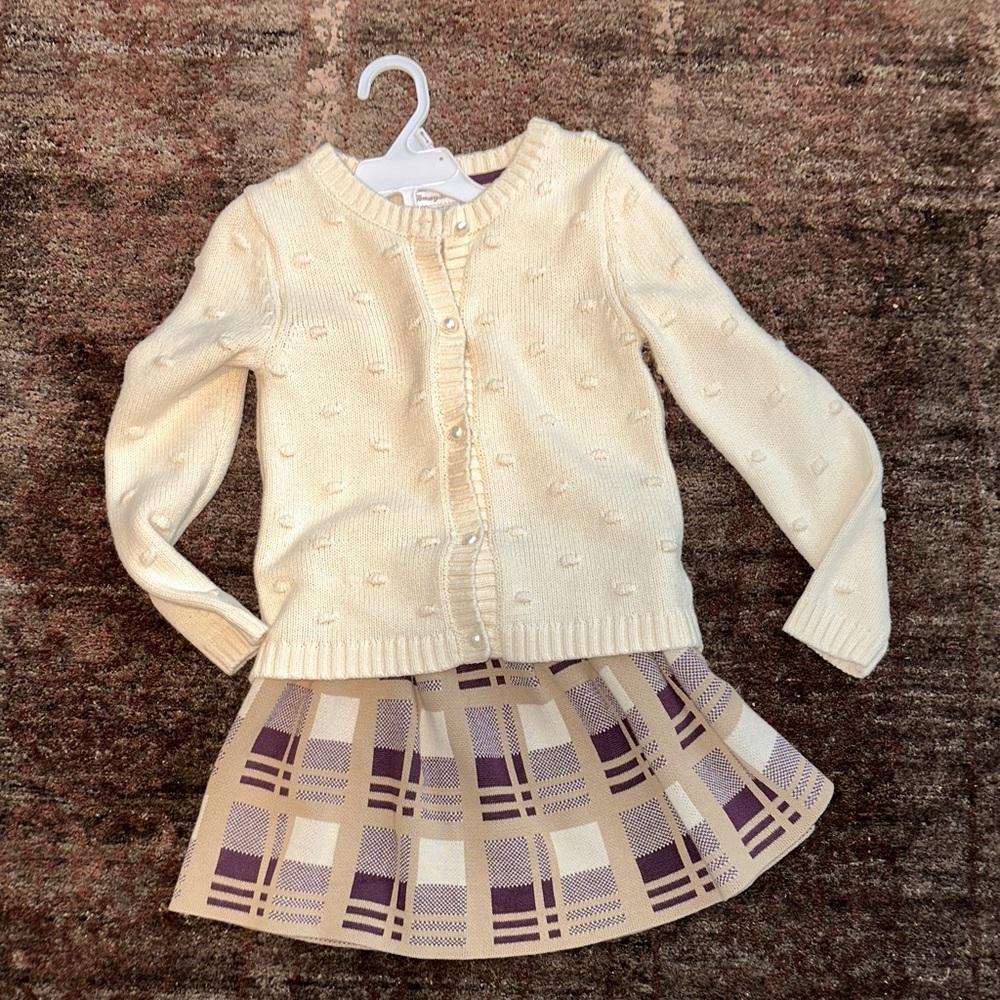 Cream Cardigan with Purple Plaid Skirt Set